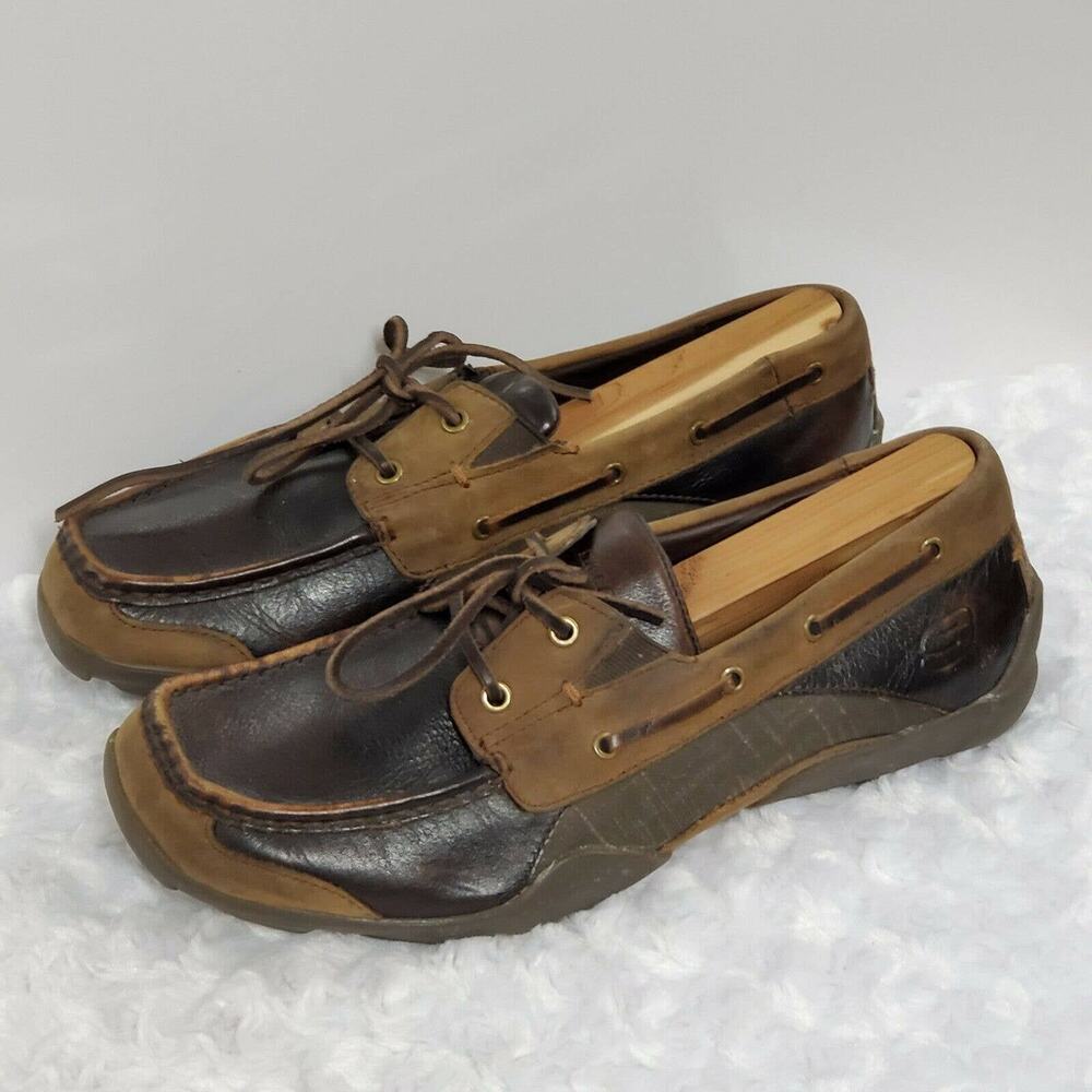 Skechers Mens 8.5 Boat Shoes Brown Lace Up Distressed Leather Driving Moc Loafer